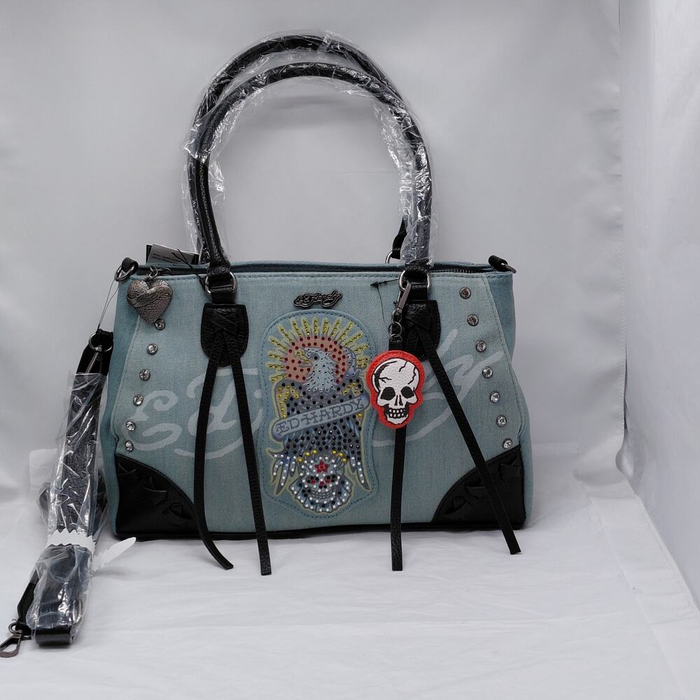 Ed Hardy Womens Denim Tote Shoulder Bag Rhinestone Skull Tattoo Purse Y2K Gift